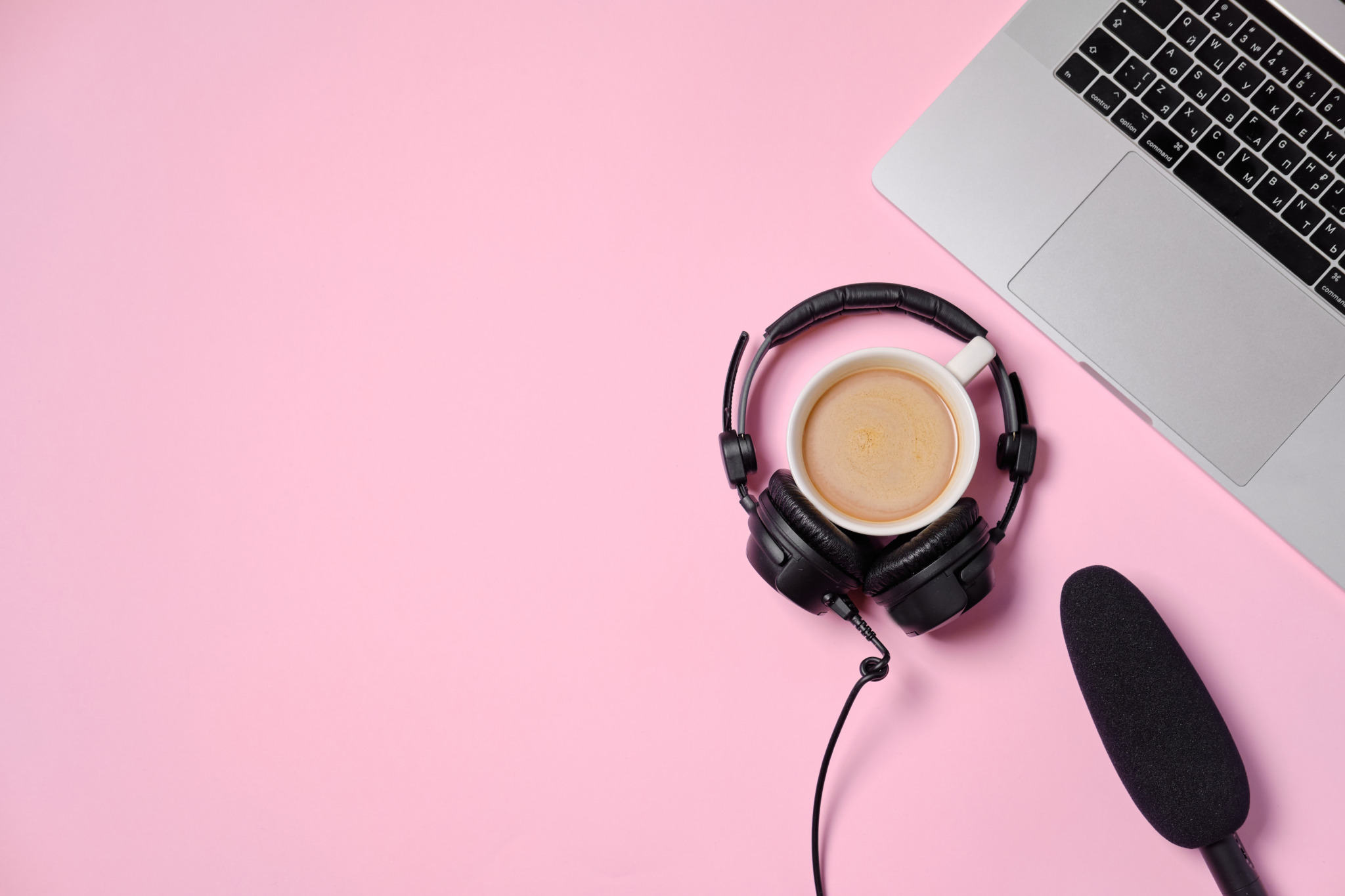Music,Or,Podcast,Background,With,Headphones,,Microphone,,Coffee,And,Laptop